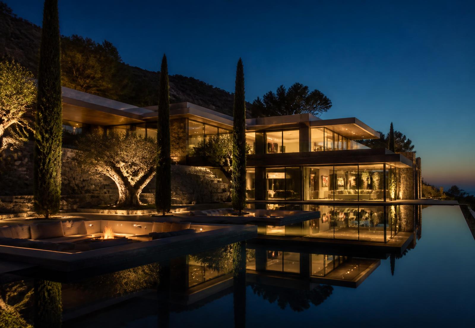 Villa privada de lujo al atardecer, activo off-market